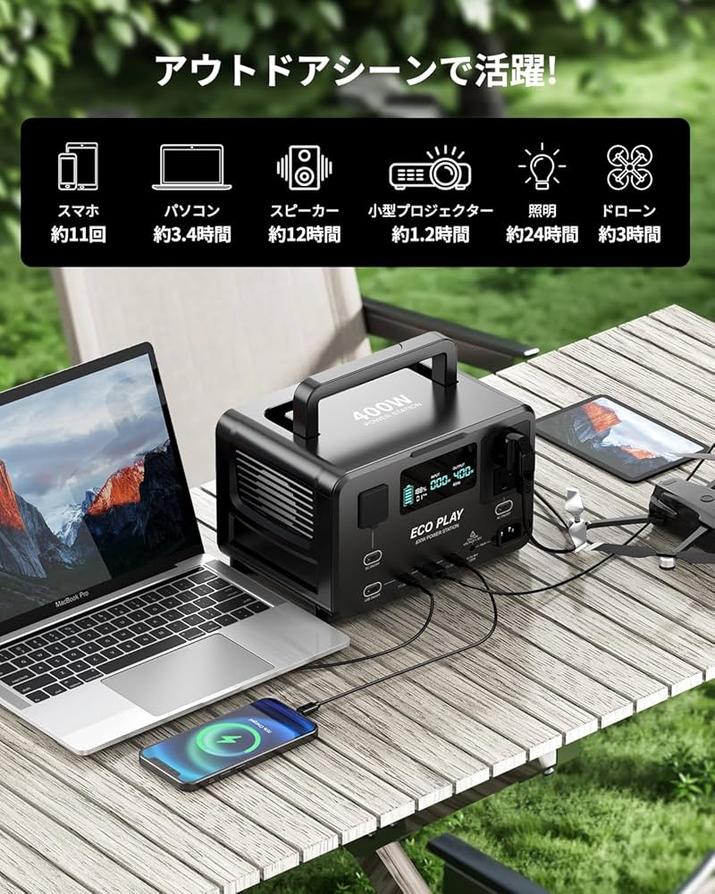 Eco Play EP400 ポータブル電源 大容量 蓄電池 256Wh送料込み Amazon.co.jp: 【理想の軽量化を実現したデザイン】Eco Play